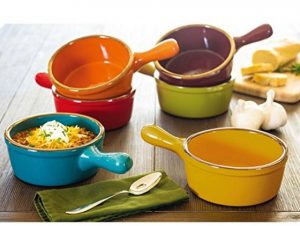 Colorful and durable oven safe stoneware soup bowls with handles
