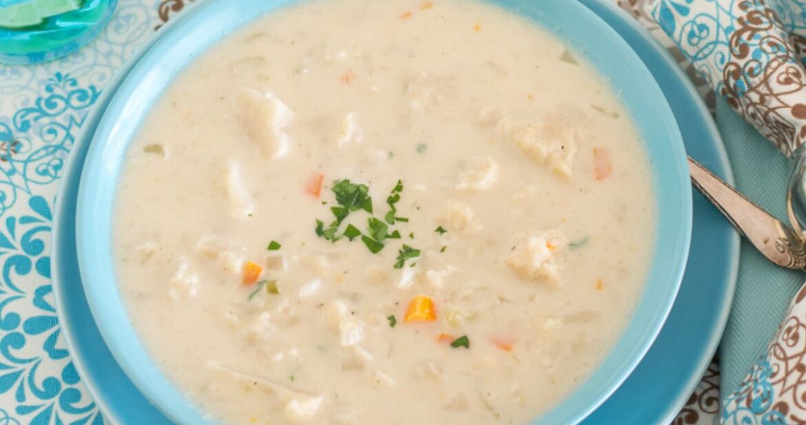 A bowl of Crock Pot Cauliflower Soup.