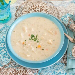 A bowl of Crock Pot Cauliflower Soup.