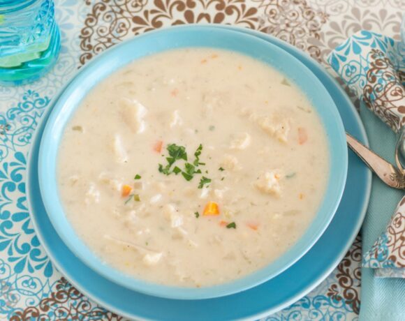 A bowl of Crock Pot Cauliflower Soup.