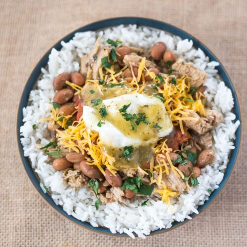 Overhead image of Pork Chalupa Rice Bowl with toppings.