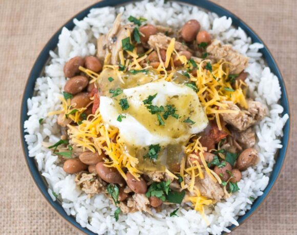 Overhead image of Pork Chalupa Rice Bowl with toppings.