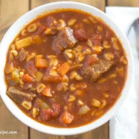 Crock Pot Slow Cooker Alphabet Soup recipe for grownups made with beef stew meat.