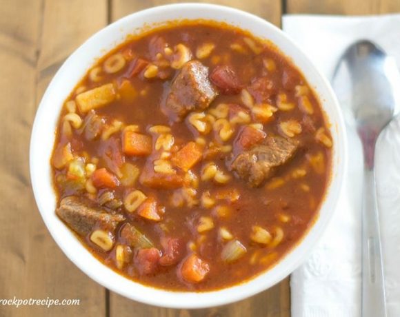 Crock Pot Slow Cooker Alphabet Soup recipe for grownups made with beef stew meat.