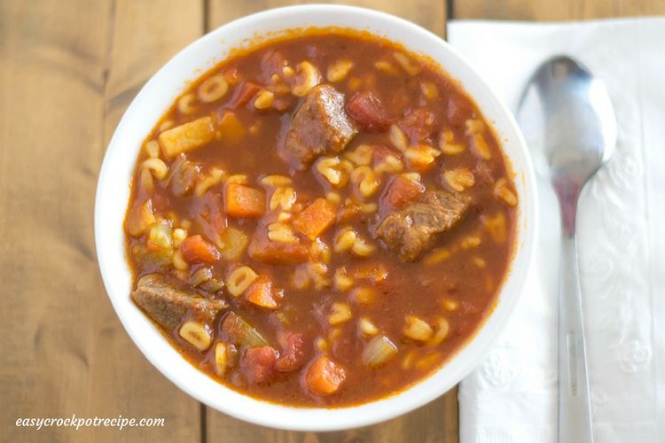 Crock POt Slow Cooker Alphabet Soup recipe for grownups made with beef stew meat.