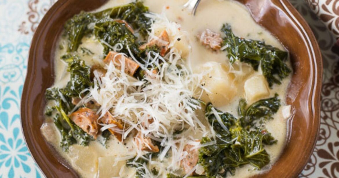 Zuppa Toscana Soup served in a brown bowl.