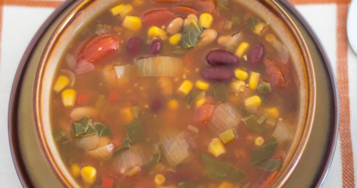 Vegetarian Bean Soup in a brown soup bowl.