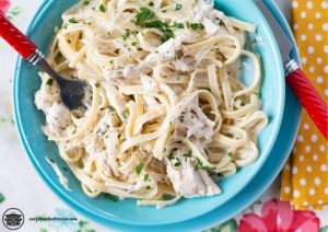 A bowl filled with Crock Pot Chicken Alfredo