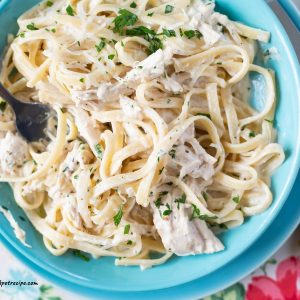 A bowl filled with Crock Pot Chicken Alfredo