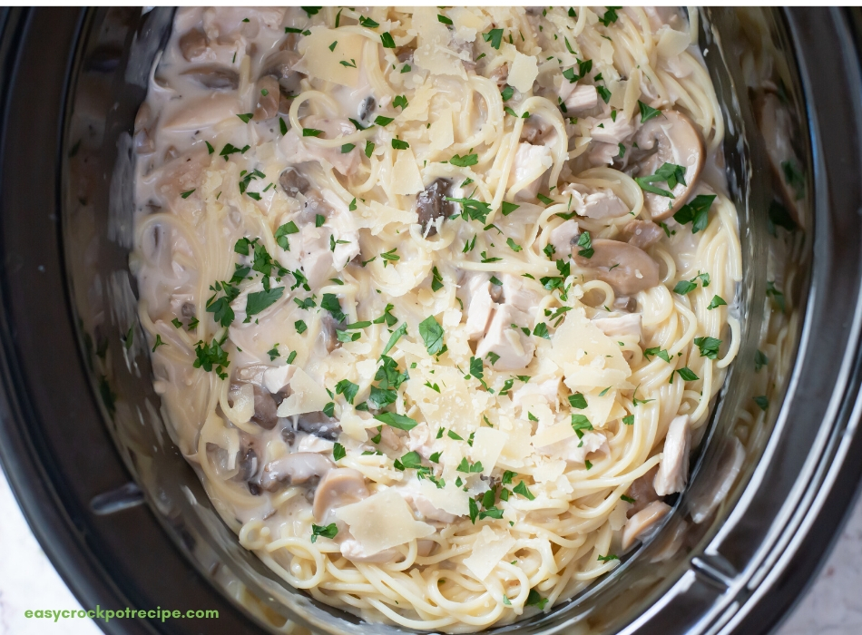 over head photo of Chicken Tetrazzini that has been cooked in the crock pot before serving