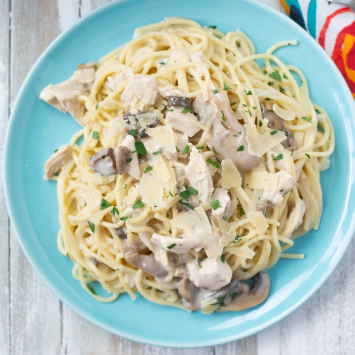 A blue plate with a serving of Crock Pot Chicken Tetrazzini