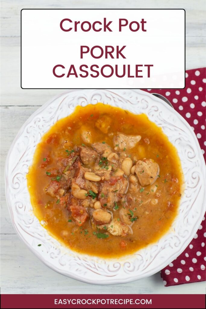 Vertical image of Crock Pot Cassoulet in a soup bowl.